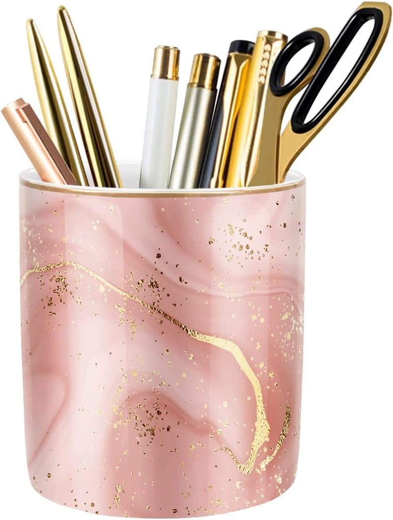 WAVEYU Large Capacity Colored Pen Holder for Desk, Ceramic Pencil Holder Pen Cup Marker Holder Makeup Brush Holders, Desk Accessories & Workspace Organizers for Home, Office, Red Marble - Image 1